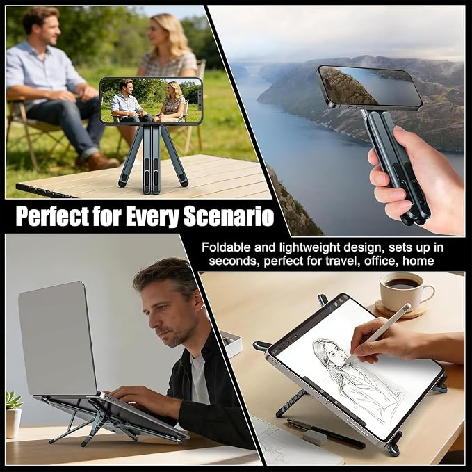 Portable Laptop Stand, 3-in-1 Magnetic Foldable Adjustable, for Desk（Gray） | Aluminum alloy, lightweight compact, 8-level height, ergonomic, for phone/tablet, home office/travel - Image 2