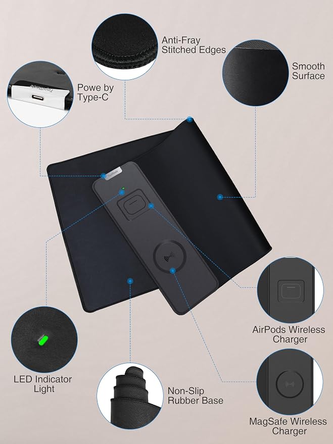 TopMade Mouse Pad with 15W Fast Wireless Charging, 31.5"x11.81" XL Large Gaming Mousepad, Waterproof Desk Pad, Classic Black Computer Desk Mat(Includes 20W PD Power Adapter & 6.56ft Woven Cable) - Image 6