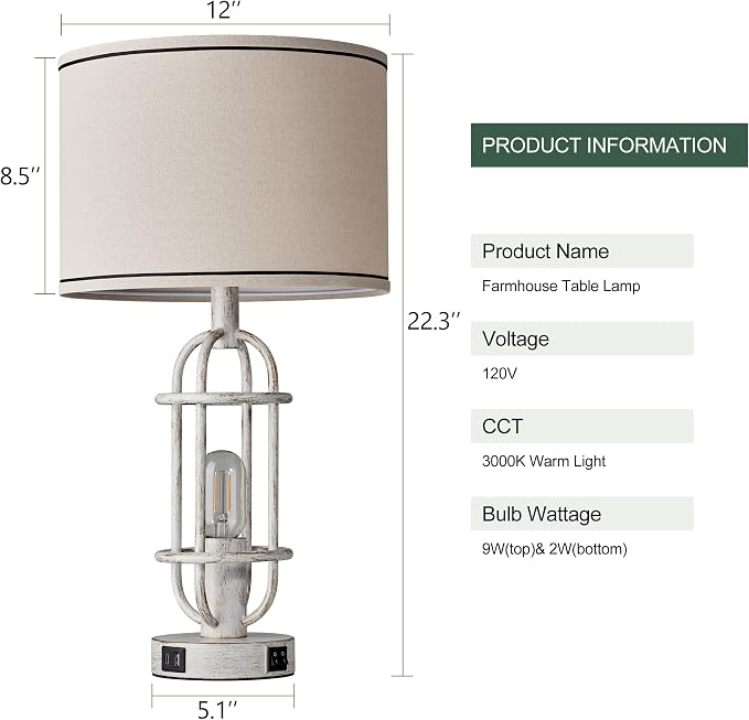 Reaketon 22.3" Farmhouse Table Lamps Set of 2, Vintage Lamps for Living Room End Tables, Bedroom Lamp for NightStand with USB C+A Ports, Antique White - Image 8