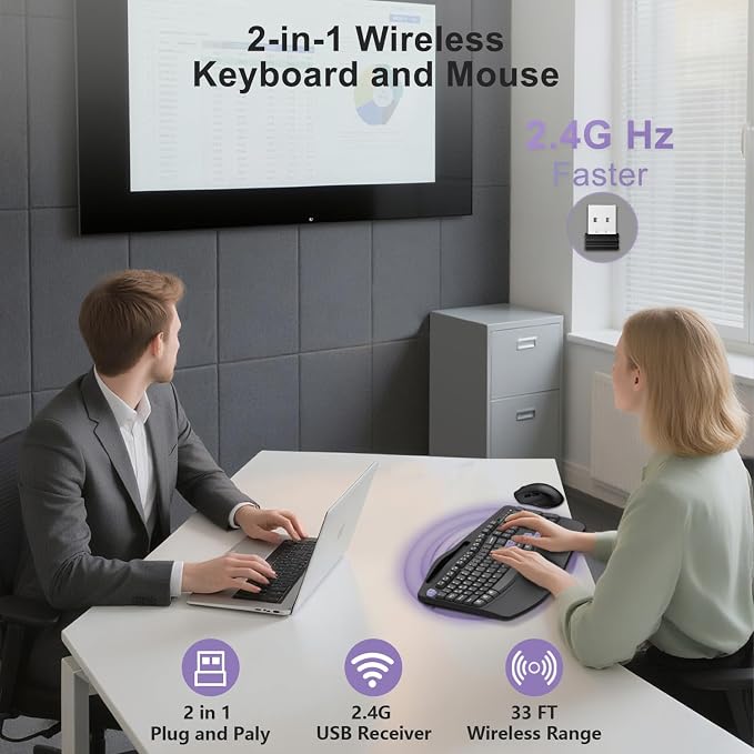 Wireless Keyboard and Mouse Combo, Full Size Ergonomic Wave Keys(Purple-B) | 2.4G Ergonomic Keyboard with Wrist Rest, Phone Holder, 3-Level DPI Silent Mouse with 6-Buttons, for Windows/Mac OS/Laptop/PC - Image 5