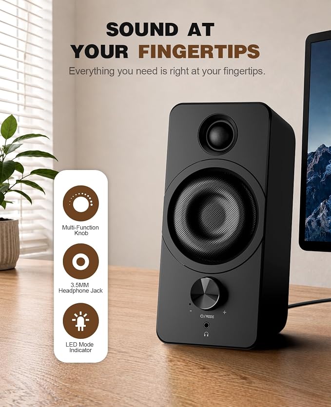Bluedee PC Speakers for Desktop, Computer Speakers with Dedicated Tweeters | Crisp Highs, USB-A/C, AUX & Bluetooth 6.0 for Laptop & Monitor, Clean 384kHz/32-Bit USB Audio, Headphone Jack & Knob Control - Image 5