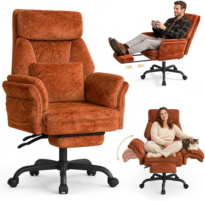 C57 Ergonomic Reclining Office Chair with Footrest, Velvet Desk Chair with 6-Stage Adjustable Wing Armrests for Cross Legged Sitting, Pet Friendly High Back Lounge Gaming Chair for Home Office by ELABEST