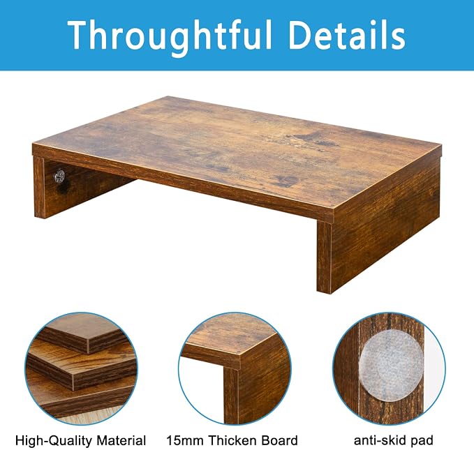 TEAMIX Wood Monitor Stand Riser for Desk - 14.2 inch, Small Laptop Stand | Rustic Brown, Holds 80 lbs, Wooden Computer Stand with Storage, Ergonomic Design, Easy Assembly, For Home Office, Gaming - Image 4