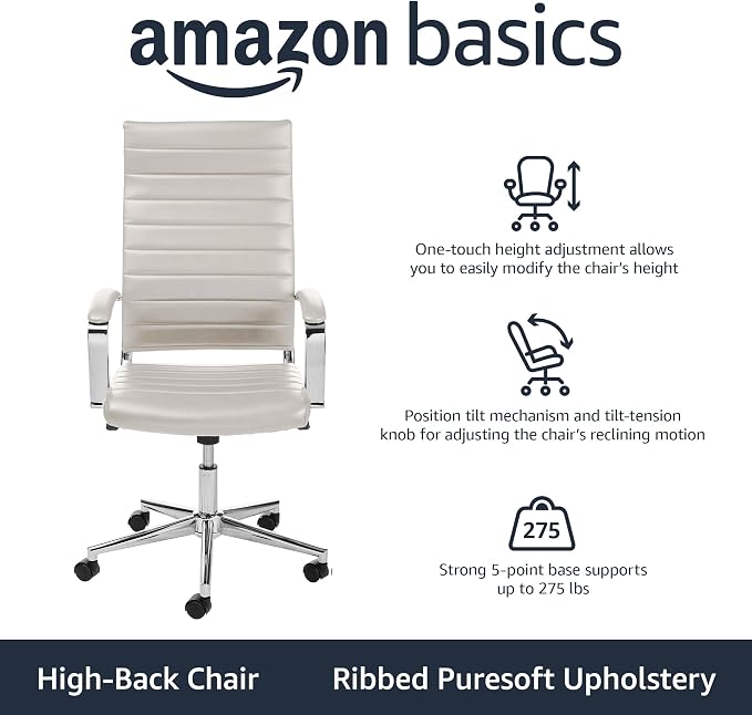 Amazon Basics High-Back Swivel Office Chair with Lumbar Support, Ergonomic Ribbed Faux Leather, Modern Style, 45.25" x 24.75" x 23.25", Stunning White - Image 3