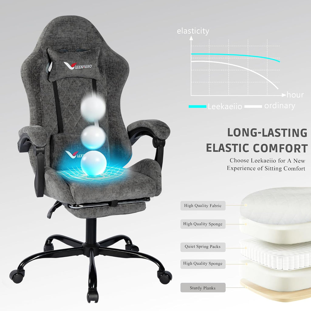 Fabric Gaming Chair for Adults, Ergonomic Computer Office Desk Chair with Footrest,Pocket Spring Cushion, Reclining High Back Silla Gamer for Home Office, Grey - Image 5