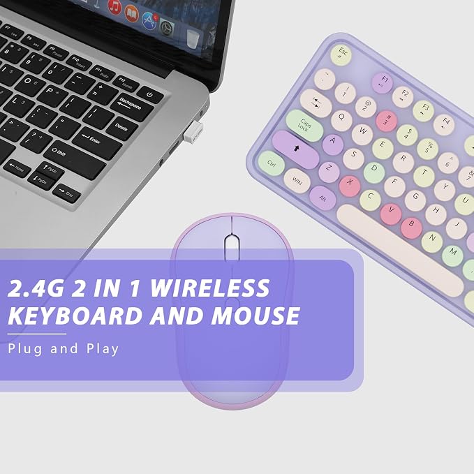Wireless Computer Keyboard and Mouse Combo,Colorful Purple | Ergonomic Full Size Typewriter Retro Round Keycaps Keyboard, Compatible with Windows, PC, Perfer for Home and Office - Image 5