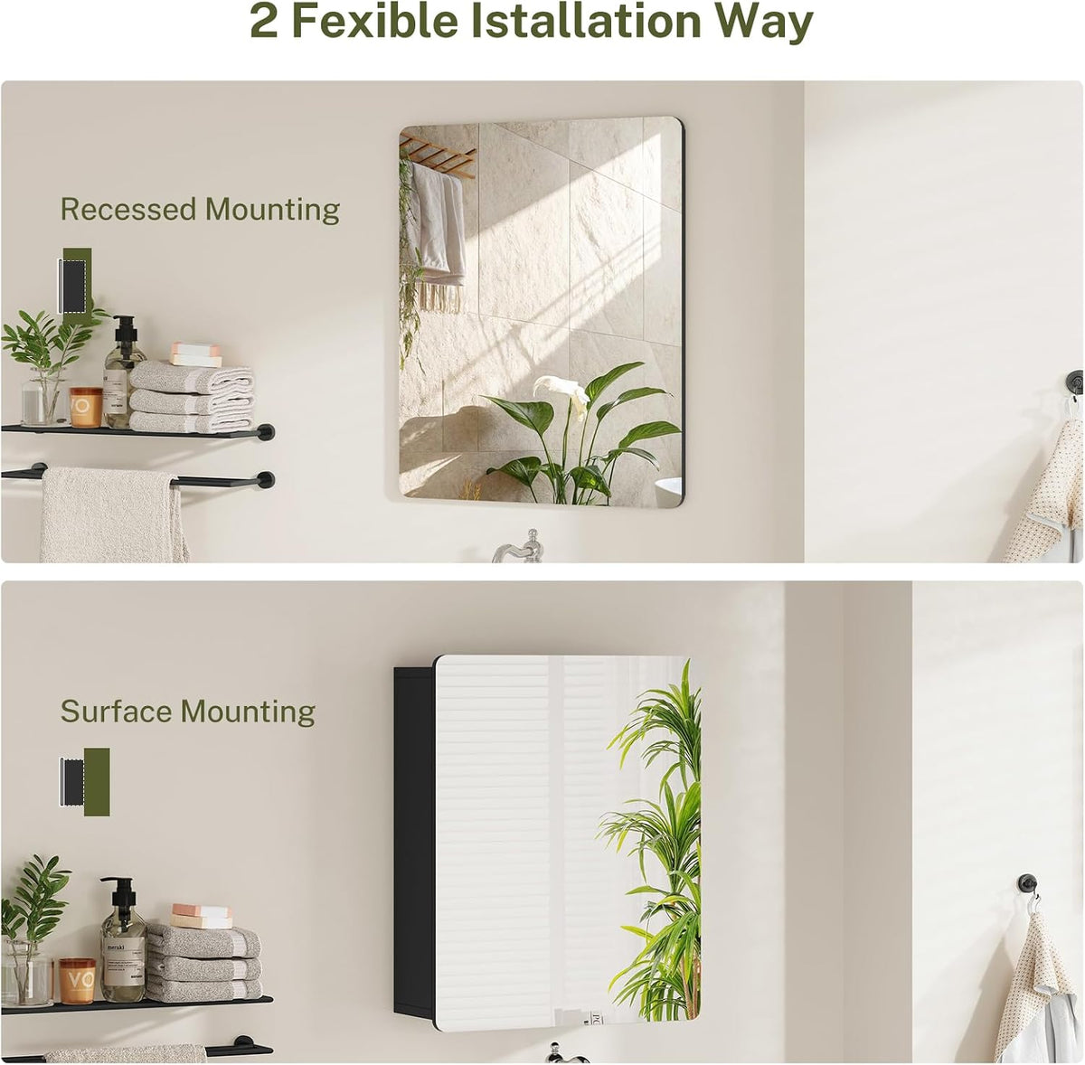 Medicine Cabinet Mirror with 2 Adjustable Shelves, Bathroom Mirror with Storage, Recessed or Wall Mount Bathroom Cabinet, Black - Image 5