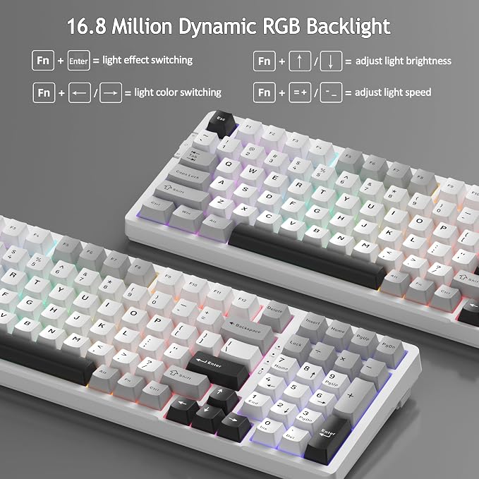 MageGee LIGHT100 Wireless Creamy Keyboard, Gasket Structure Hot Swappable, Tri-Mode 2.4G/USB-C/BT5.0 RGB Backlit Mechanical Gaming Keyboard for Win/Mac/PC, PBT Keycap, 4000mAh Battery, Grey - Image 5