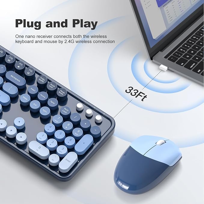 MOFII Wireless Keyboard and Mouse Combo, 2.4GHz Retro Typewriter Keyboard Full Size, Cute Wireless Mice, USB Dongle Plug and Play, for Laptop, PC, Desktop, Windows (Sea Blue Gradient Color) - Image 2