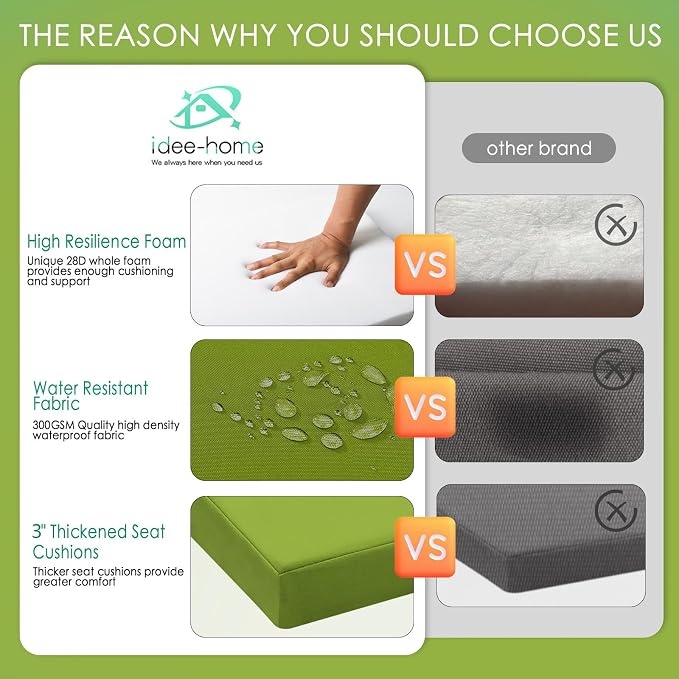idee-home Outdoor Chair Cushions Set of 2, 17 x 17 Outdoor Seat Cushions | Patio Chair Cushions for Outdoor Furniture Waterproof with Ties, Outdoor Seat Cushion, Patio Chair Pads Dining Chair - Image 3