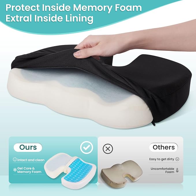 Gel Seat Cushion, Enhanced Memory Foam Cushion for Tailbone Pain, Black | Cooling Gel for Office Chair, U-shaped Design Chair Cushion for Gaming, Car, Wheelchair, Non-Slip Base, Washable Cover - Image 4