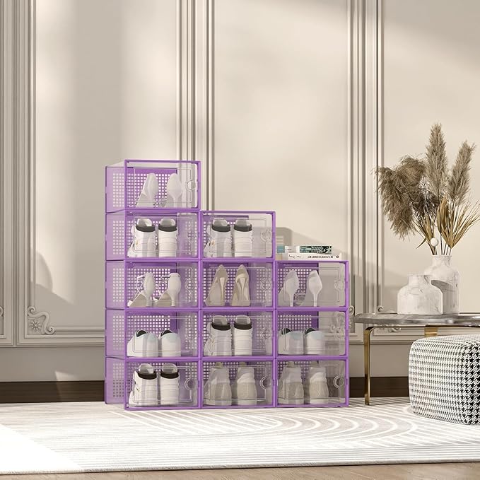 Kuject X-Large Shoe Storage Boxes 12 Pack, Clear Stackable Shoe Organizer | Shoe Case for Closet, Entryway & Under-Bed Storage, Drop-Front Design, Space-Saving Solution for Family Organization,Purple - Image 7