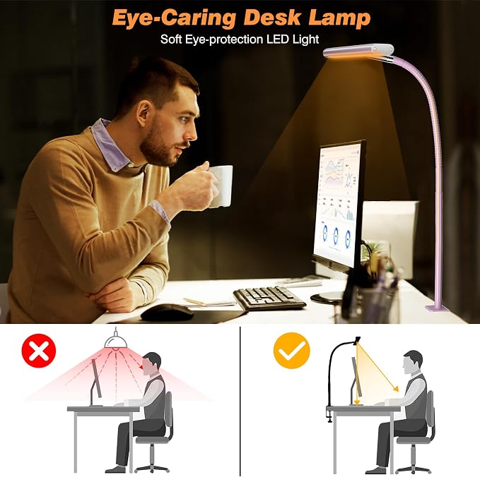 Airlonv LED Desk Lamp with Clamp, 17" Stepless Dimming Light (Pink) | 2700K-6500K, 100 LEDs, 360° Gooseneck, Fits Up to 30" Monitors, Flicker-Free Lighting for Home Office, Study& Workbench - Image 6