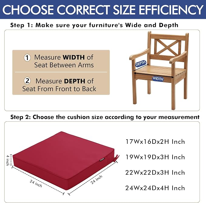 Outdoor Chair Cushions Set of 2, 24 x 24 x4 Inch Deep Seat | 3 Year Color Fastness Thick Patio Chair Cushion with Ties for Garden Lawn Sofa Couch, Burgundy - Image 4