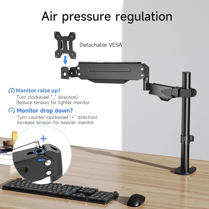 Pholiten Single Monitor Arm, Gas Type, Double Articulated | 35MM Pole Mount, Supports 13-32 Inches, Load Capacity 22.0 lbs, VESA 75-100mm - Image 3