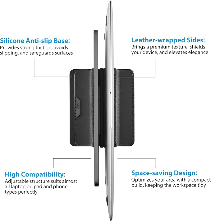 Dual Vertical Laptop Stand, 3 in 1 Upright Desktop Stand Holder with Adjustable Dock (Up to 17.3''), Leather Laptop Rack Storage Desk Organizer for Phone, Tablet, MacBook/HP/Dell/Chrome Book (Black) - Image 2
