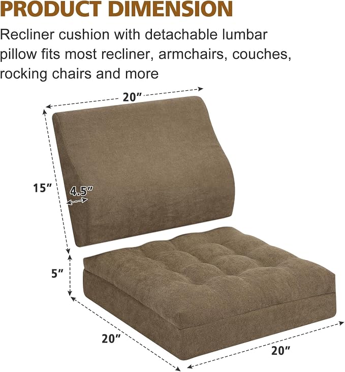Recliner Cushion for Elderly with Lumbar Support Pillow - 20x20x5 Inch Extra Thick Recliner Seat Cushion for Seniors Relief Back Pain and Tailbone Pain from Long Sitting Non-Slip Bottom Brown - Image 6
