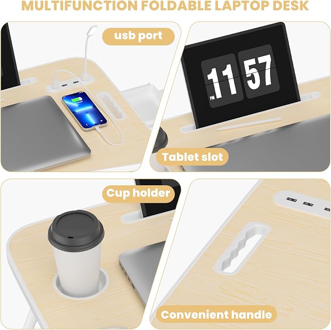 Lap Desk for Laptop Tray, Foldable Laptop Bed Desk with Storage Drawer | Bed Laptop Table for Adults with Light & Cup Holder & USB Ports, Laptop Stand for Couch Writing Reading Eating, Beige - Image 5
