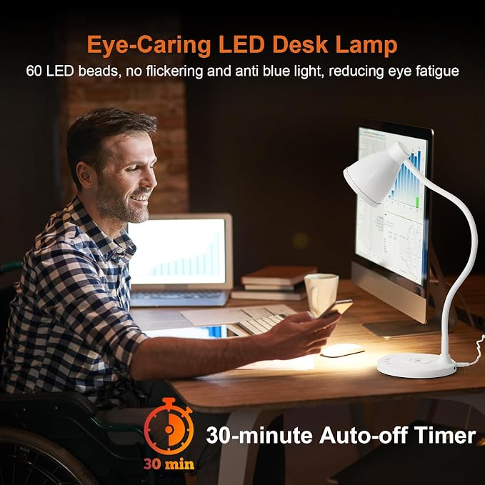BOHON LED Desk Lamp for Home Office with USB C Charging Wireless Charger | 5 Colors, Stepless Dimming Desk Light Timer Reading Light Touch Bedside Table Lamp for College Dorm Room - Image 3