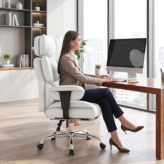 DUMOS Big and Tall Home Office Desk Chair, Executive Chair with Footrest | PU Leather, Ergonomic Comfy Lumbar Support, High Back Reclining, Adjustable Armrests, White - Image 9