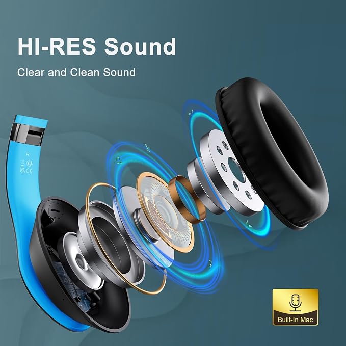 Wireless Bluetooth Headphones Over Ear V6.0 HiFi Stereo with Mic | 65H Playtime 6EQ Modes Foldable Bluetooth Headset with Microphone for Travel Smartphone Computer Laptop Blue - Image 3