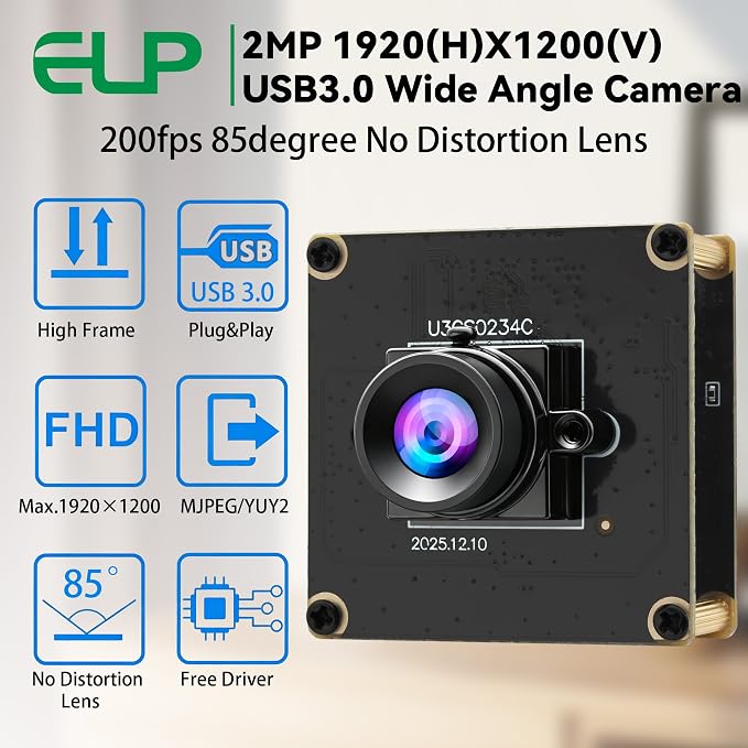 ELP High Speed 200FPS Global Shutter USB3.0 Camera Module Wide Angle 83° Webcam Board for Computer Mini UVC USB3.0/2.0 PC Camera Fast Frame 1200P 120fps Lightburn Cameras for Laser AR0234 Webcamera - Image 2