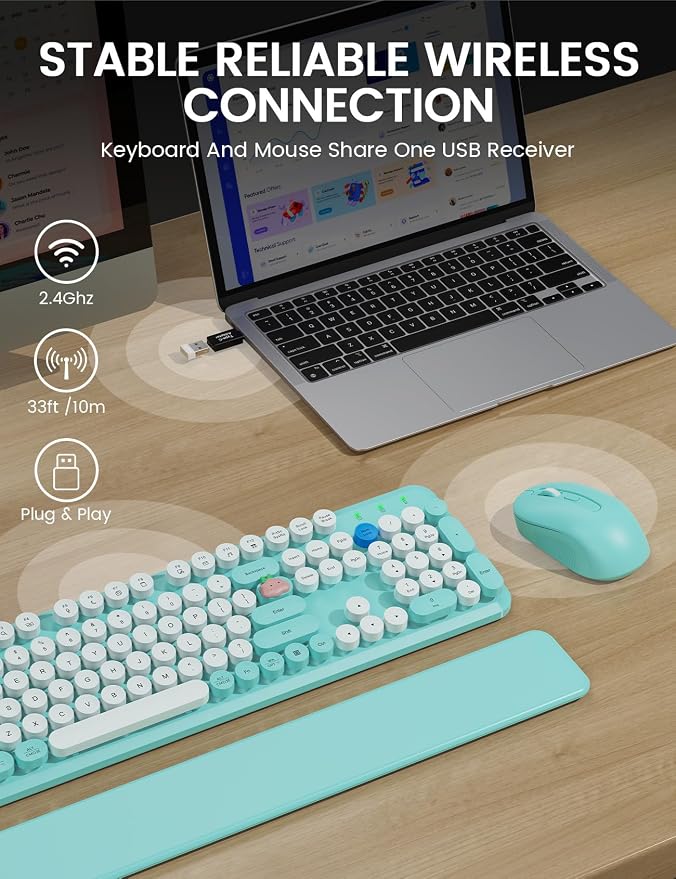 Wireless Keyboard and Mouse Combo, Typewriter Keyboard, Magnetic Wrist Rest | Full-Size, Cute Round Keycaps, Smart Sleep Mode, 2.4GHz Stable Connection for Mac/Windows/PC, Office or Home, Trueque CK24 - Image 4