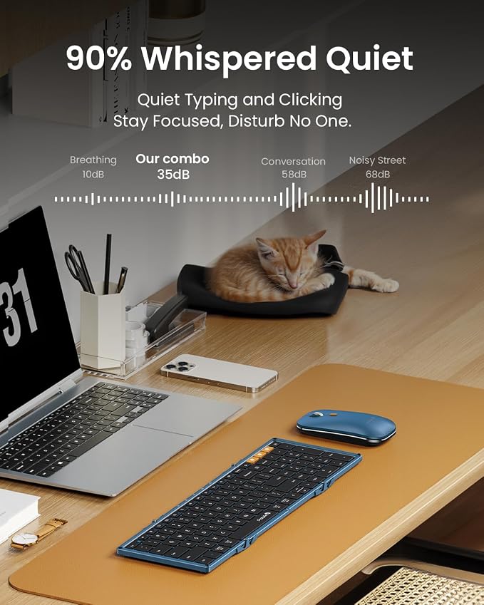 ProtoArc XKM01 Full-Size Foldable Keyboard Mouse Combo for Travel - Blue | 105-key keyboard, slim mouse, hard case and phone stand; 3-device Bluetooth & 2.4G switching, for travel office use - Image 7