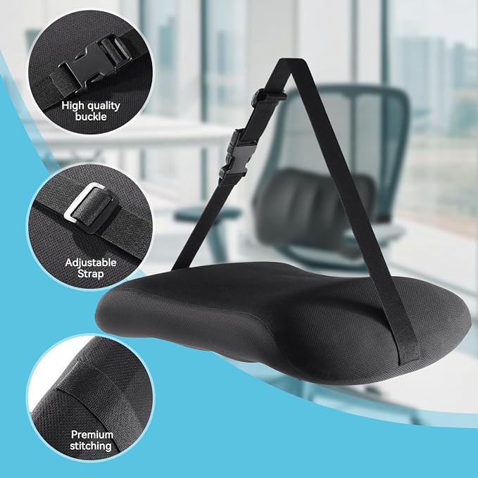 Lumbar Support Pillow for Car Seat and Office Chair, Memory Foam Back Cushion with Breathable Cover and Adjustable Straps for Driving, Ergonomic Orthopedic Back Rest Lower Back Support, Black - Image 4