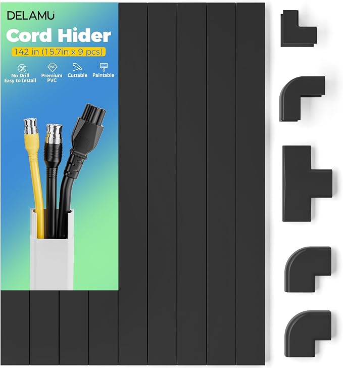 Delamu 142in Black Cord Hider Cable Hider, Cord Covers for 2-3 Wires on Wall, Premium Wire Hiders Wire Covers for Cords on Wall, Easier Setup TV Cable Cover Management Kit, W0.94 H0.47in, Black by DELAMU