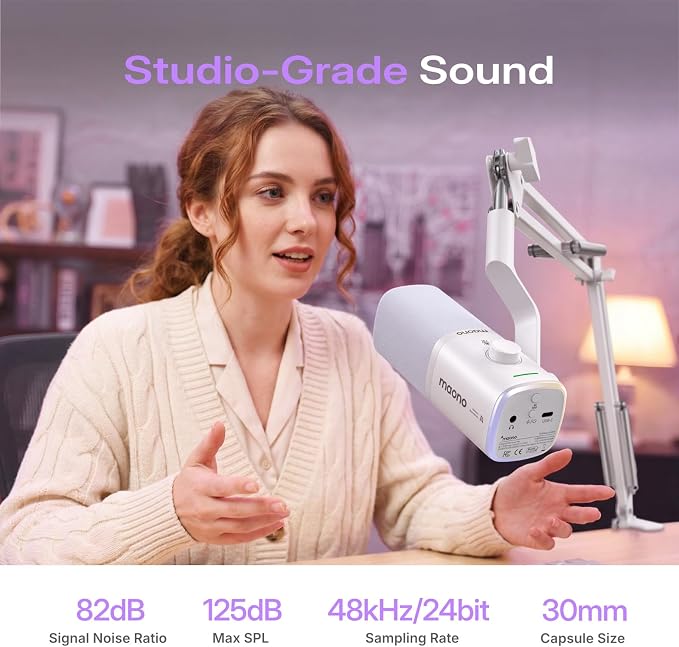 MAONO PD100W Wireless Dynamic Gaming Microphone for PC with USB-C Receiver | One-Click Noise Reduction,Custom RGB,Mute,Monitoring, Companion App,Boom Mic Set for Game Streaming Discord Podcasting, White - Image 3