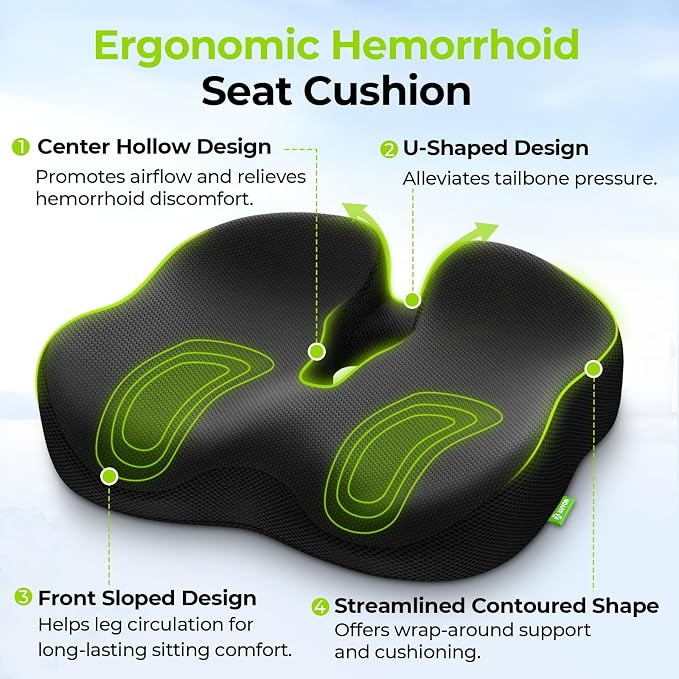 AUVON Ergonomic Donut Pillow Seat Cushion for Hemorrhoid & Back Pain Relief | Thick Memory Foam Chair Cushion with Firm Support for Tailbone, Sciatica, Pregnancy, Thigh Slope Design for Sitting Comfort - Image 3