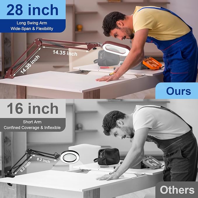 14.35" Large Magnifying Glass with Light and Clamp, Real Glass, 5 Color Modes, Stepless Dimmable, Lighted Magnifier with Stand Hands Free, LED Swing Arm Desk Lamp for Close Work, Craft, Red - Image 6