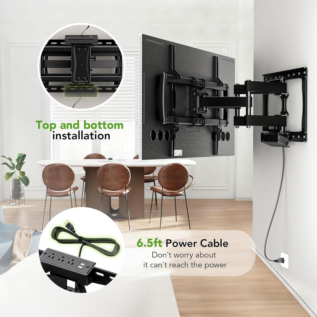 Full Motion TV Wall Mount Bracket with Power Outlet for Most 32-85 inch TV,TV Mount Dual Articulating Arms,Tilt/Swivel/Extension/Leveling,Fits 8” 12” 16" Studs,Max Vesa 600x400mm, Holds up to 132lbs - Image 2