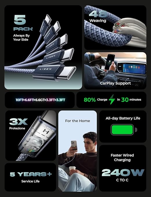 LISEN USB C to USB C Cable, 240W Fast Charging PS/2 Charging Cable | 5-Pack (3.3/3.3/6.6/6.6/10FT) | for iPhone 17/16/15 Series | for Home, Office, Bed, Car, and Travel Charger Cord, Midnight - Image 2