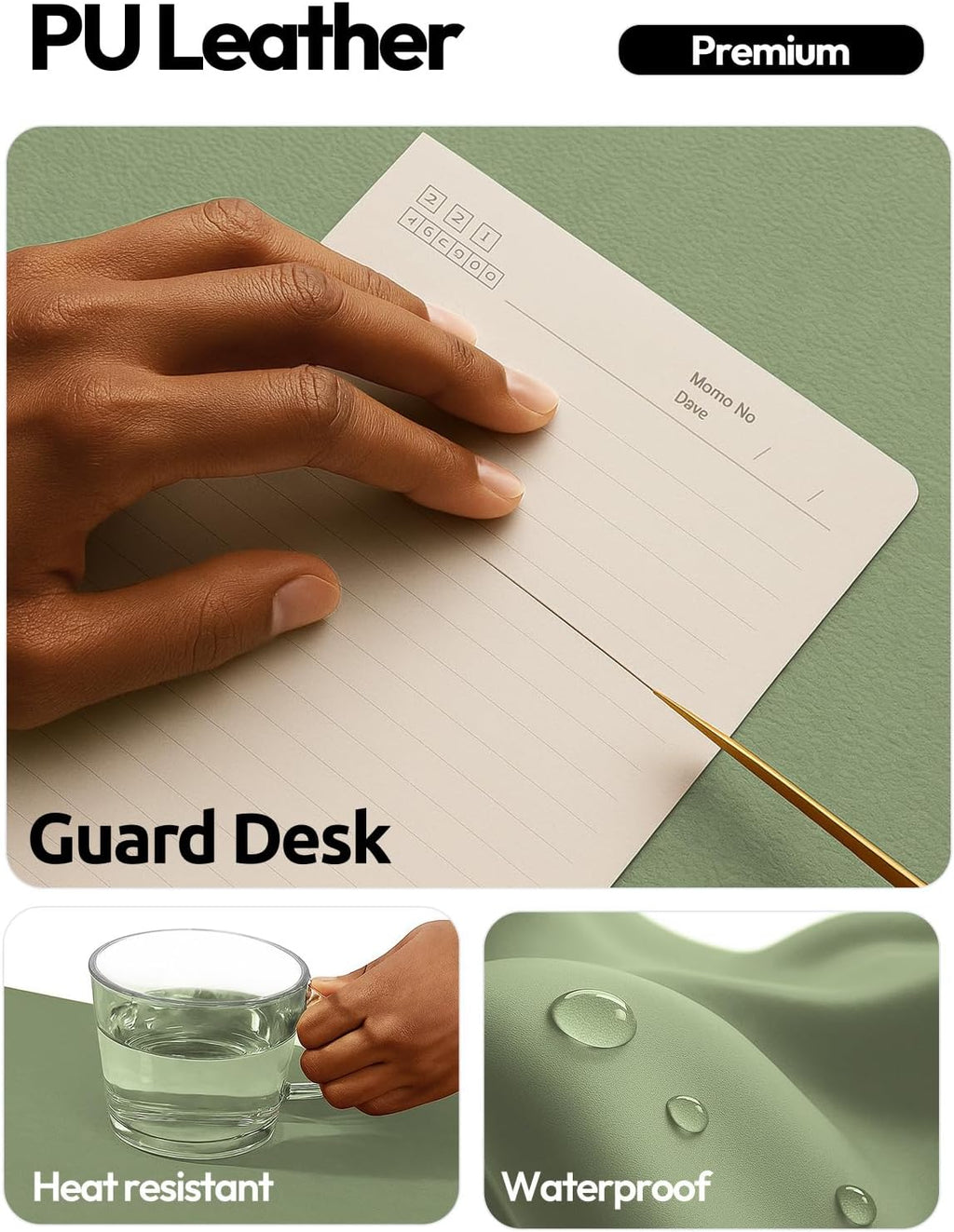 YSAGi Leather Desk Protector, Office Mat, Large Mouse Mat, Non-Slip PU Leather Blotter, Laptop Desk Mat, Waterproof Writing Pad for Office and Home(Bamboo Green, 63" x 17.2") - Image 3