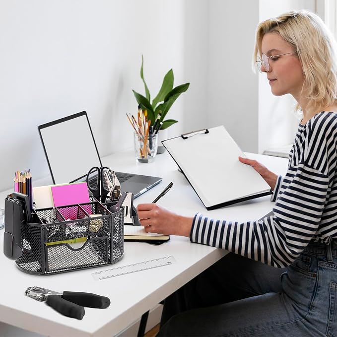 17 IN 1 Office Desk Organizer Set for Back to School Supplies Accessories | 3 Office Desk Storage Organization, 4 Pens, Stapler, Staples & Remover, Tape & Dispenser, Scissors, Ruler, Clips, Hole Punch - Image 9
