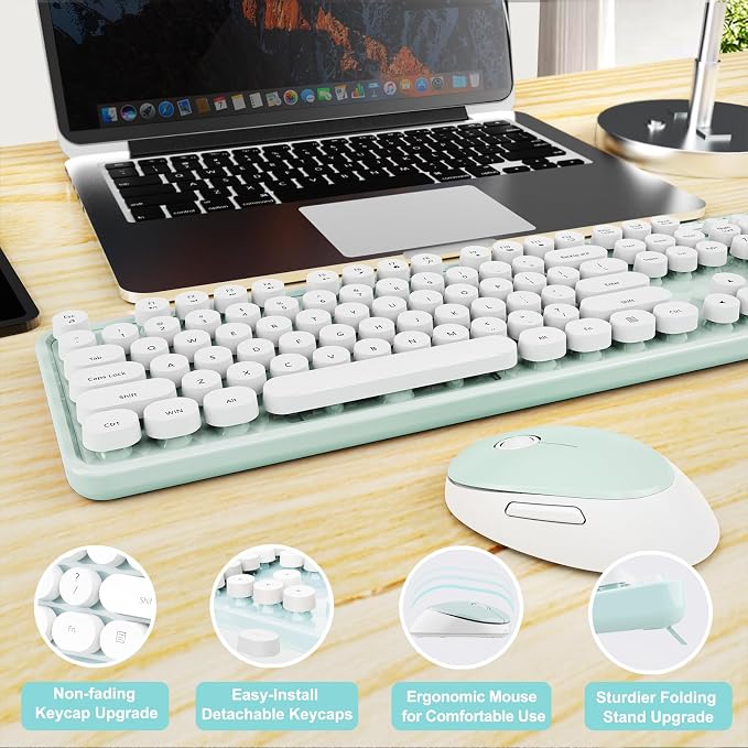 Wireless Keyboard and Mouse Combo, Ergonomic Full Size Typewriter Retro Round Keycaps Keyboard, Compatible with Windows, PC, Perfer for Home and Office Keyboards（Green） - Image 6