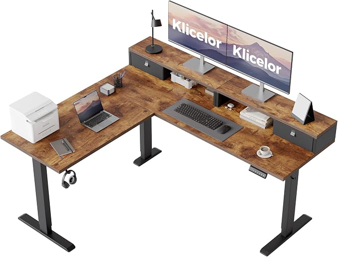 Klicelor L Shaped Electric Standing Desk 63 x 55.1 inch with Shelf, Height Adjustable Corner Desk, Sit Stand Desk with Storage Shelf, Home Office Computer Table, Rustic Brown by Unknown