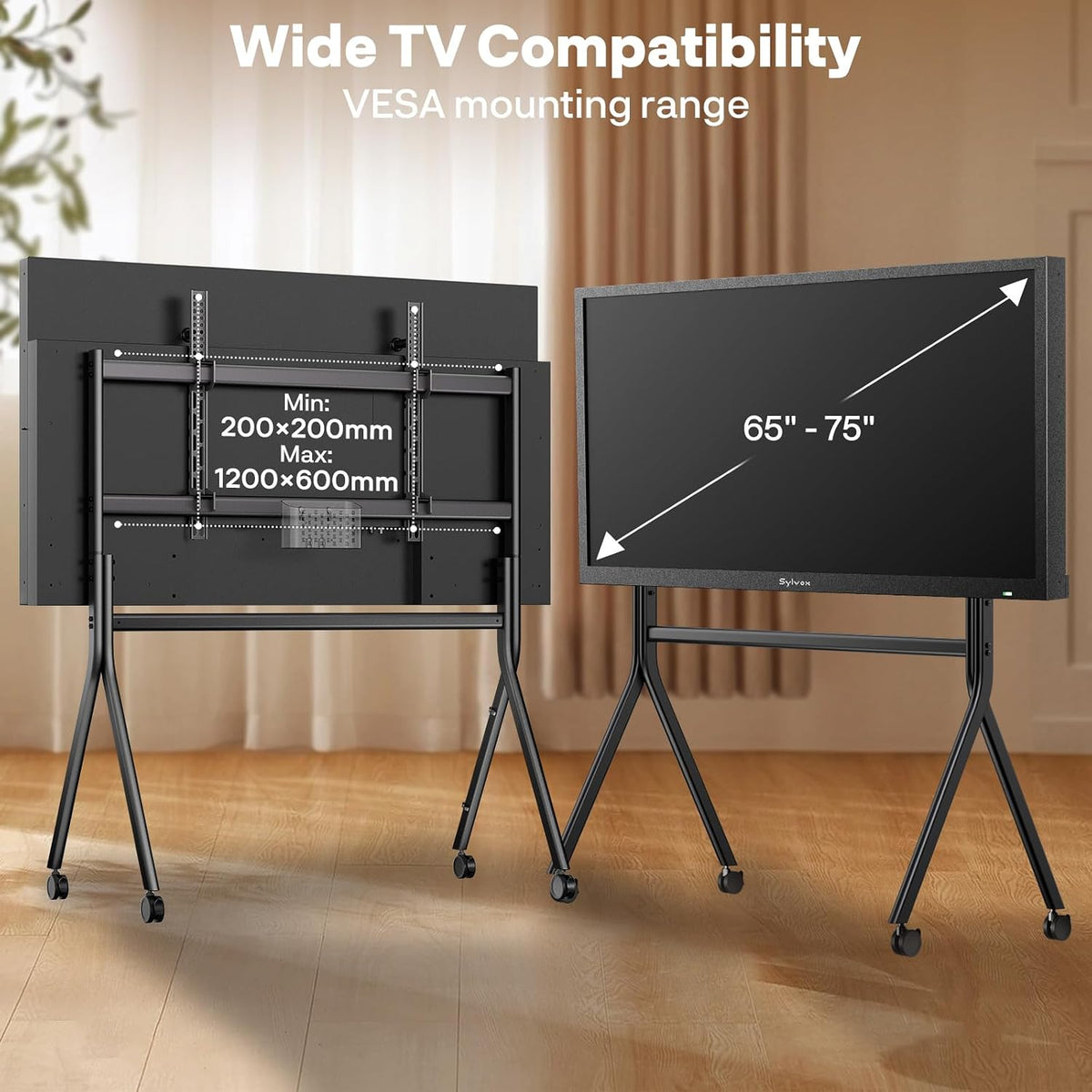 Sylvox TV Floor Stand for 65-75 Inch TVs, Heavy Duty Rolling TV Stand Max Load 132LBS/60kg, Mobile TV Cart with Lockable Wheels, Universal Flat/Curved Screen Mount, VESA 200x200 to 1200x600mm - Image 5