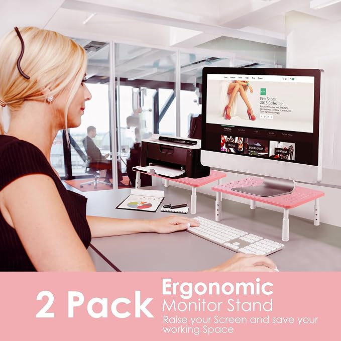 2 Pack Monitor Riser Desktop Stand Flat Screen TV Monitor Stand Pink | 3 Height Adjustable PC Stand with Mesh Platform Sturdy Metal Laptop Computer Monitor Stand Shelf for Printer, iMac - Image 4