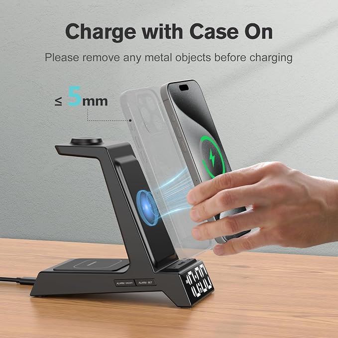 ANJANK 4 in 1 Wireless Charging Station Alarm Clock, Charging Dock for Apple Devices, Charger Stand for iPhone 17 Air 16 15 14 13 12 Series for Apple Watch 11 10 9 8 7 6 5 UItra/SE & AirPods, Dimmable - Image 5