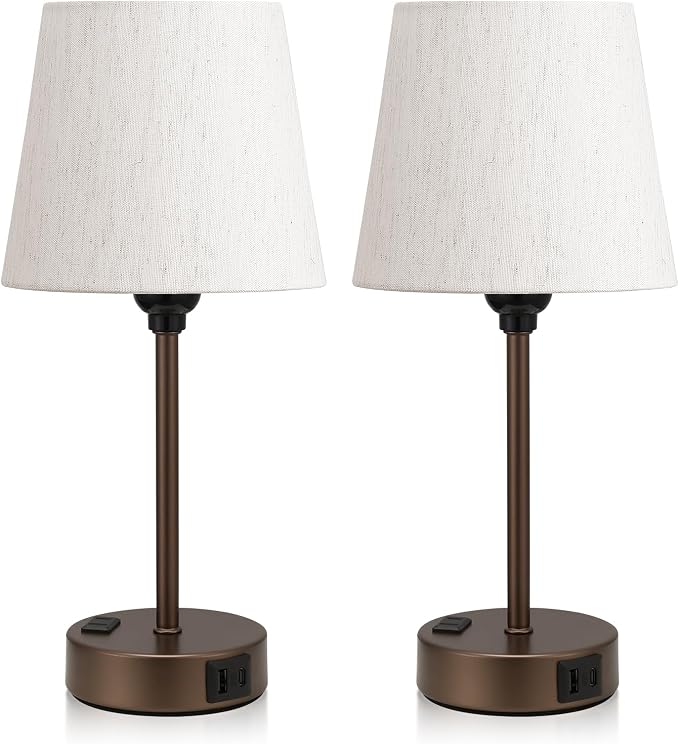 Brown Bedside Lamps Set 2 for Bedroom - Dimmable Touch, USB C+A, AC Outlet | 14.5" Mini Lamp, 3-Way Dimmable, LED Bulbs Included, Cream Barrel Fabric Lampshade, Nightstand Light for Guest Room, Kids - Image 9
