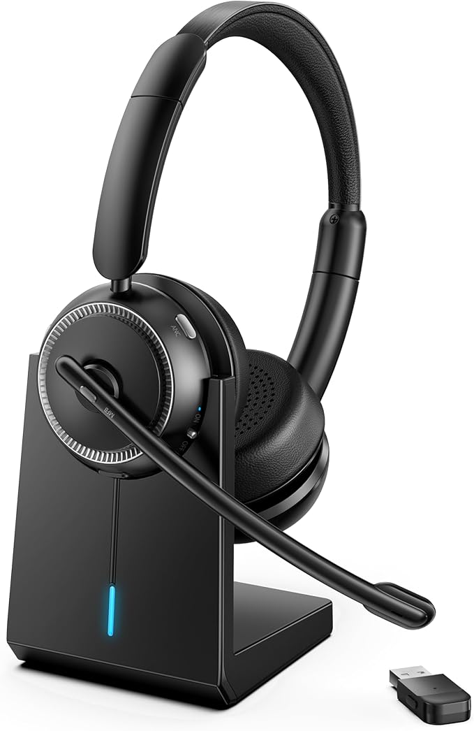 Upgrade ANC & ENC Wireless Headset with Mic for Work(Flip-to-Mute & Dongle) | Headset with Microphone for PC, Bluetooth 5.4 Noise Cancelling Headphones with Mic for Call Center/Home/Computer/Phones by Angteela