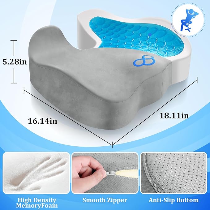 CushyOasis Seat Cushion, Office Chair Cushions, 5.28 in Thick (Light Grey) | Anti-Slip Back & Removable Cover, Ergonomic Tailbone Support Seat Cushion, Memory Foam Seat Cushion for Office - Image 5