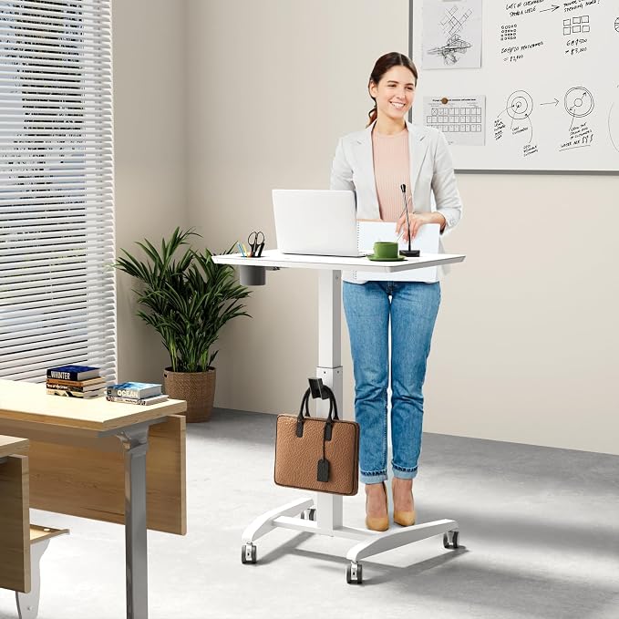 Glass Mobile Rolling Standing Desk on Lockable Wheels, White | 27inch Portable Laptop Workstation Height Adjustable with Cup Holder, Slot, Hook, Pneumatic Rising Cart for Writing, Drawing - Image 2