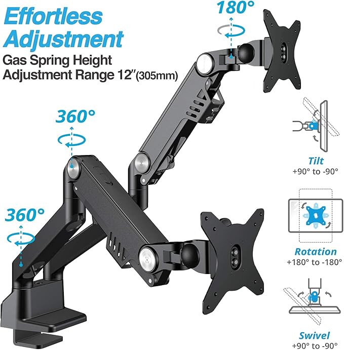 AVLT Dual Monitor Arm Desk Mount for 17-35" Screens, Heavy Duty - Black | Supports flat/curved/ultrawide screens at 6.6-26.4 lbs each. Smooth gas spring, top mount, VESA 75/100 and cable routing - Image 3