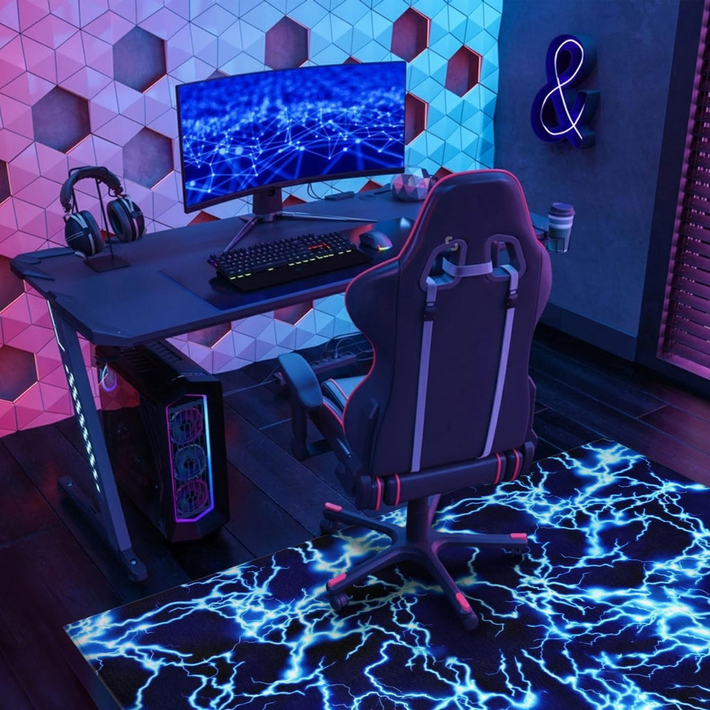 Gaming Chair Mat for Carpet Hardwood Tile Floor,36"x48" Gamer Rug for Game Room, Under Desk Non Slip Gamer Rug,Low-Pile Game Room Rugs,Rubber Backing Large Gaming Chair Floor Mat,Blue Lightning - Image 2