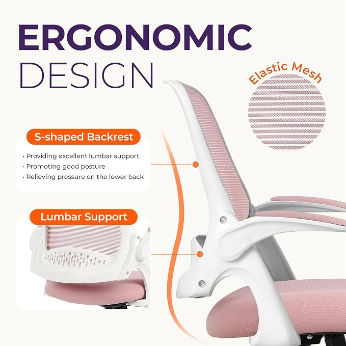 NEO CHAIR Office Desk Chair, Ergonomic Mesh with Flip-Up Armrests, Pink | Lumbar Support, Height Adjustment, 360° Swivel and Rolling Base, Space-Saving Design for Home Office, Vanity or Study - Image 3