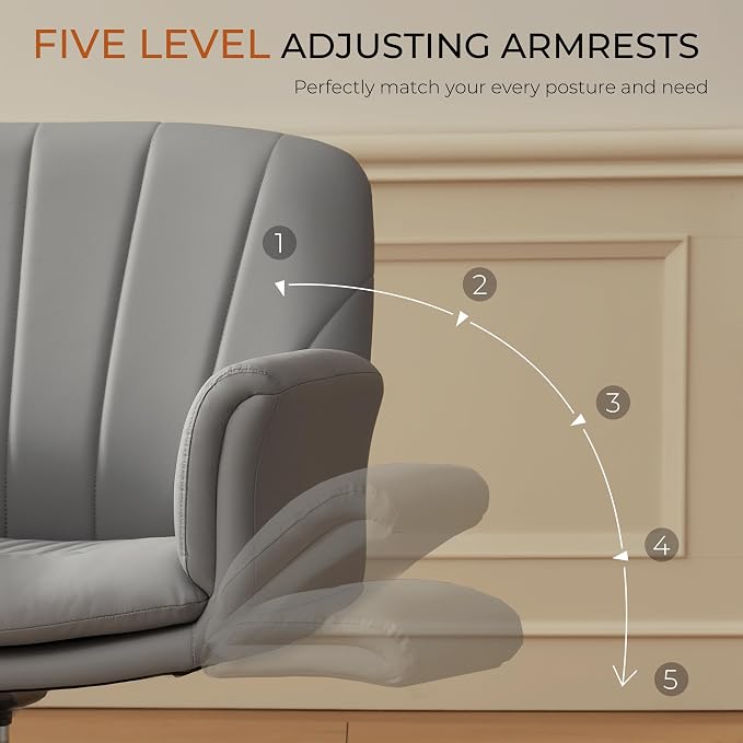 Dowinx Criss Cross Chair with Five-Level Adjustable Arms and Wheels - Comfortable Ergonomic PU Leather Swivel Vanity Chair - Computer Makeup Gaming Chair for Home Office,Bedroom,Vanity Room-Light Grey - Image 4